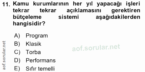 11. soru: Kamu kurumlarının her yıl yapacağı işleri tekrar tekrar açıklamasını gerektiren bütçeleme sistemi aşağıdakilerden han…