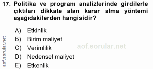 17. soru: Politika ve program analizlerinde girdilerle çıktıları dikkate alan karar alma yöntemi aşağıdakilerden hangisidir? A)…