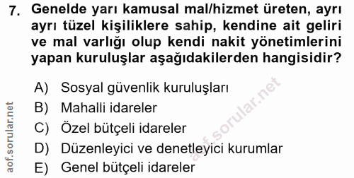 7. soru: Genelde yarı kamusal mal/hizmet üreten, ayrı ayrı tüzel kişiliklere sahip, kendine ait geliri ve mal varlığı olup ken…