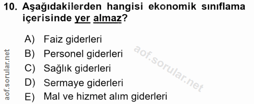 10. soru: Aşağıdakilerden hangisi ekonomik sınıflama içerisinde yer almaz? A) Faiz giderleri B) Personel giderleri C) Sağlık gi…