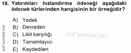 18. soru: Yatırımları hızlandırma ödeneği aşağıdaki ödenek türlerinden hangisinin bir örneğidir? A) Yedek B) Devreden C) Likit…