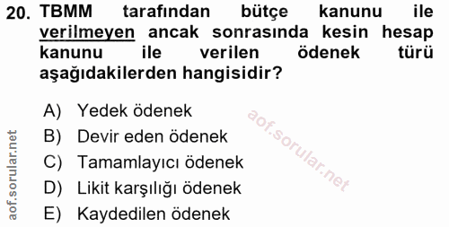 20. soru: TBMM tarafından bütçe kanunu ile verilmeyen ancak sonrasında kesin hesap kanunu ile verilen ödenek türü aşağıdakilerd…