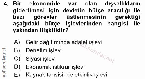 4. soru: Bir ekonomide var olan dışsallıkların giderilmesi için devletin bütçe aracılığı ile bazı görevler üstlenmesinin gerek…