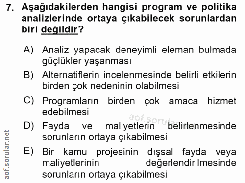 7. soru: Aşağıdakilerden hangisi program ve politika analizlerinde ortaya çıkabilecek sorunlardan biri değildir? A) Analiz yap…