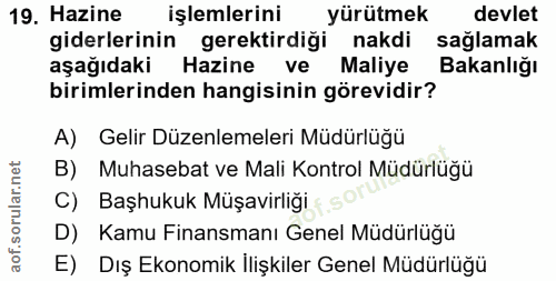 19. soru: Hazine işlemlerini yürütmek devlet giderlerinin gerektirdigi nakdi sağlamak aşağıdaki Hazine ve Maliye Bakanlığı biri…