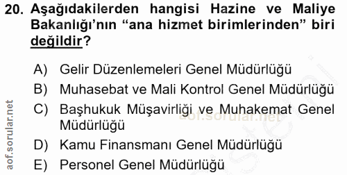 20. soru: Aşağıdakilerden hangisi Hazine ve Maliye Bakanlığı'nın "ana hizmet birimlerinden" biri değildir? A) Gelir Düzenlemele…