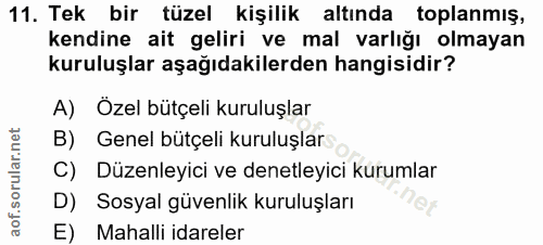 11. soru: Tek bir tüzel kişilik altında toplanmış, kendine ait geliri ve mal varlığı olmayan kuruluşlar aşağıdakilerden hangisi…