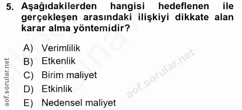 5. soru: Aşağıdakilerden hangisi hedeflenen ile gerçekleşen arasındaki ilişkiyi dikkate alan karar alma yöntemidir? A) Verimli…