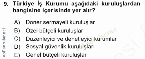 9. soru: Türkiye Iş Kurumu aşağıdaki kuruluşlardan hangisine içerisinde yer alır? A) Döner sermayeli kuruluşlar B) Özel bütçel…