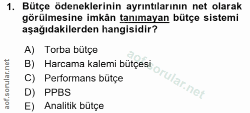 1. soru: Bütçe ödeneklerinin ayrıntılarının net olarak görülmesine imkân tanımayan bütçe sistemi aşağıdakilerden hangisidir? A…