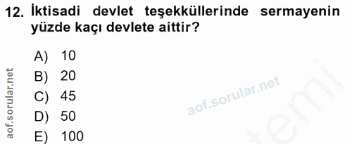 12. soru: İktisadi devlet teşekküllerinde sermayenin yüzde kaçı devlete aittir? A) 10 B) 20 C) 45 D) 50 E) 100