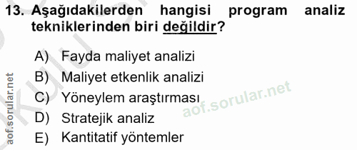 13. soru: Aşağıdakilerden hangisi program analiz tekniklerinden biri değildir? A) Fayda maliyet analizi B) Maliyet etkenlik ana…