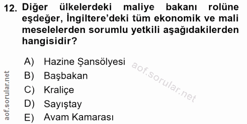 12. soru: Diğer ülkelerdeki maliye bakanı rolüne eşdeğer, İngiltere'deki tüm ekonomik ve mali meselelerden sorumlu yetkili aşağ…