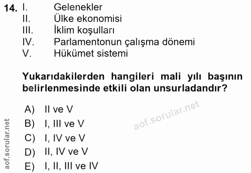 14. soru: 1. Gelenekler II. Ülke ekonomisi III. Iklim koşulları IV. Parlamentonun çalışma dönemi V. Hükümet sistemi Yukarıdakil…
