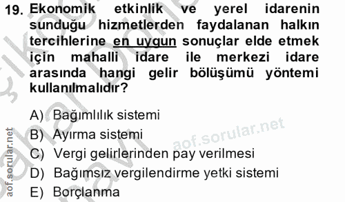 19. soru: Ekonomik etkinlik ve yerel idarenin sunduğu hizmetlerden faydalanan halkın tercihlerine en uygun sonuçlar elde etmek…