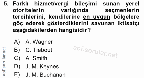 5. soru: Farklı hizmet/vergi bileşimi sunan yerel otoritelerin varlığında seçmenlerin tercihlerini, kendilerine en uygun bölge…