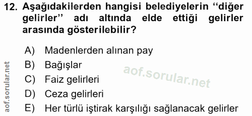 12. soru: Aşağıdakilerden hangisi belediyelerin "diğer gelirler" adı altında elde ettiği gelirler arasında gösterilebilir? A) M…