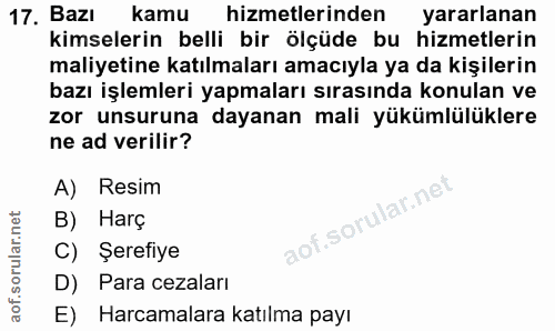 17. soru: Bazı kamu hizmetlerinden yararlanan kimselerin belli bir ölçüde bu hizmetlerin maliyetine katılmaları amacıyla ya da…