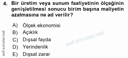 4. soru: Bir üretim veya sunum faaliyetinin ölçeğinin genişletilmesi sonucu birim başına maliyetin azalmasına ne ad verilir? A…