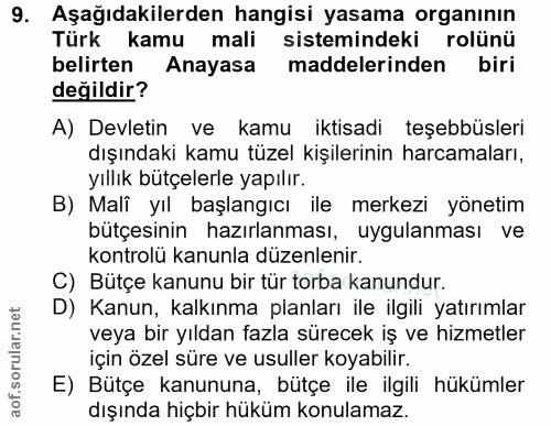 9. soru: Aşağıdakilerden hangisı yasama organının Türk kamu mali sistemindeki rolünü belirten Anayasa maddelerinden biri değil…
