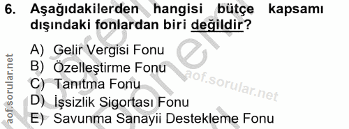 6. soru: Aşağıdakilerden hangisi bütçe kapsamı dışındaki fonlardan biri değildir? A) Gelir Vergisi Fonu B) Özelleştirme Fonu C…