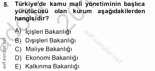 5. soru: Türkiye'de kamu mali yönetiminin başlıca yürütücüsü olan kurum aşağıdakilerden hangisidir? A) İçişleri Bakanlığı B) D…