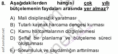 8. soru: Aşağıdakilerden hangisi çok yıllı bütçelemenin faydaları arasında yer almaz? A) Mali disiplinsizlik yaratması B) Tuta…