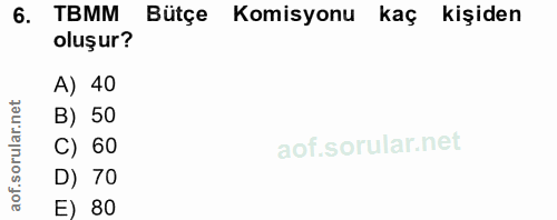 6. soru: TBMM Bütçe Komisyonu kaç kişiden oluşur? A) 40 orular.net B) 50 C) 60 of.s D) 70 E) 80