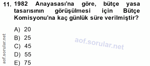 11. soru: 1982 Anayasası'na göre, bütçe yasa tasarısının görüşülmesi için Bütçe Komisyonu'na kaç günlük süre verilmiştir? A) 20…