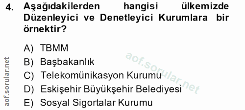 4. soru: Aşağıdakilerden hangisi ülkemizde Düzenleyici ve Denetleyici Kurumlara bir örnektir? A) TBMM orular.net B) Başbakanlı…