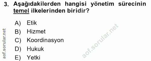 3. soru: Aşağıdakilerden hangisi yönetim sürecinin temel ilkelerinden biridir? A) Etik B) Hizmet C) Koordinasyon D) Hukuk E) Y…