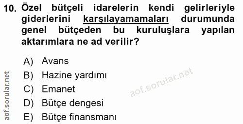 10. soru: Özel bütçeli idarelerin kendi gelirleriyle giderlerini karşılayamamaları durumunda genel bütçeden bu kuruluşlara yapı…