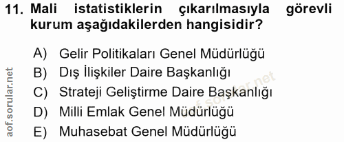 11. soru: Mali istatistiklerin çıkarılmasıyla görevli kurum aşağıdakilerden hangisidir? A) Gelir Politikaları Genel Müdürlüğü B…