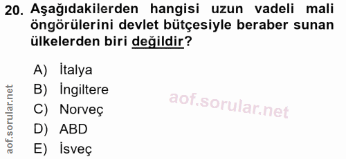 20. soru: Aşağıdakilerden hangisi uzun vadeli mali öngörülerini devlet bütçesiyle beraber sunan ülkelerden biri değildir? A) It…
