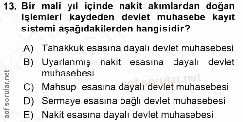 13. soru: Bir mali yıl içinde nakit akımlardan doğan işlemleri kaydeden devlet muhasebe kayıt sistemi aşağıdakilerden hangisidi…