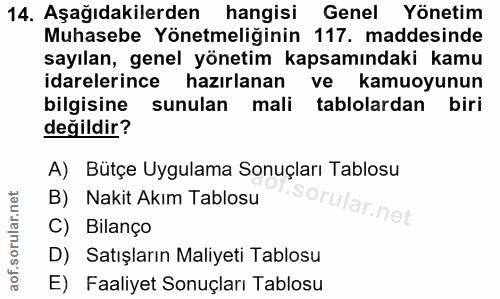 14. soru: Aşağıdakilerden hangisi Genel Yönetim Muhasebe Yönetmeliğinin 117. maddesinde sayılan, genel yönetim kapsamındaki kam…