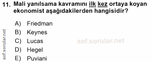 11. soru: Mali yanılsama kavramını ilk kez ortaya koyan ekonomist aşağıdakilerden hangisidir? A) Friedman B) Keynes C) Lucas D)…
