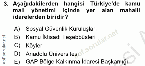 3. soru: Aşağıdakilerden hangisi Türkiye'de kamu mali yönetimi içinde yer alan mahalli idarelerden biridir? A) Sosyal Güvenlik…