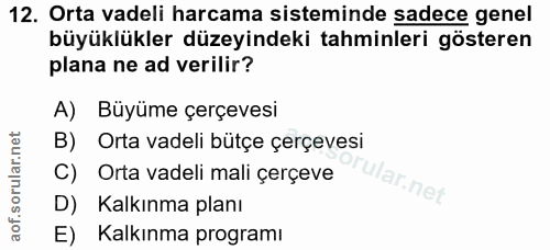 12. soru: Orta vadeli harcama sisteminde sadece genel büyüklükler düzeyindeki tahminleri gösteren plana ne ad verilir? A) Büyüm…