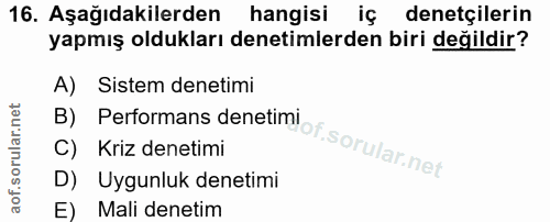 16. soru: Aşağıdakilerden hangisi iç denetçilerin yapmış oldukları denetimlerden biri değildir? A) Sistem denetimi Performans d…