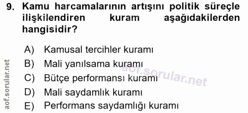 9. soru: Kamu harcamalarının artışını politik süreçle ilişkilendiren kuram aşağıdakilerden hangisidir? A) Kamusal tercihler ku…