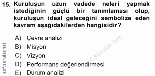 15. soru: Kuruluşun uzun vadede neleri yapmak istediğinin güçlü bir tanimlaması olup, kuruluşun ideal geleceğini sembolize eden…
