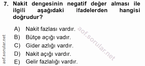 7. soru: Nakit dengesinin negatif değer alması ile ilgili aşağıdaki ifadelerden hangisi doğrudur? A) Nakit fazlası vardır. B)…
