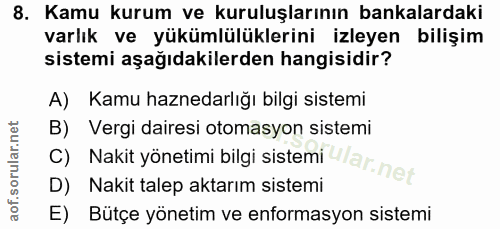 8. soru: Kamu kurum ve kuruluşlarının bankalardaki varlık ve yükümlülüklerini izleyen bilişim sistemi aşağıdakilerden hangisid…