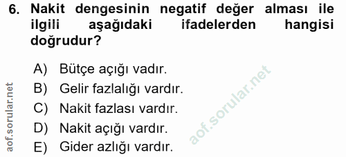 6. soru: Nakit dengesinin negatif değer alması ile ilgili aşağıdaki ifadelerden hangisi doğrudur? A) Bütçe açığı vadır. B) Gel…