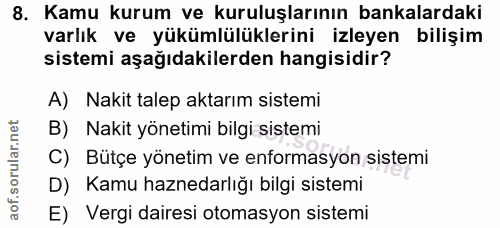 8. soru: Kamu kurum ve kuruluşlarının bankalardaki varlık ve yükümlülüklerini izleyen bilişim sistemi aşağıdakilerden hangisid…