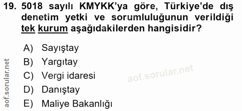 19. soru: 5018 sayılı KMYKK'ya göre, Türkiye'de dış denetim yetki ve sorumluluğunun verildiği tek kurum aşağıdakilerden hangisi…