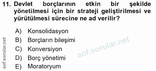 11. soru: Devlet borçlarının etkin bir şekilde yönetilmesi için bir strateji geliştirilmesi ve yürütülmesi sürecine ne ad veril…
