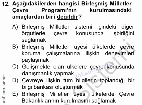 12. soru: Aşağıdakilerden hangisi Birleşmiş Milletler Çevre Programı'nin kurulmasındaki amaçlardan biri değildir? A) Birleşmiş…
