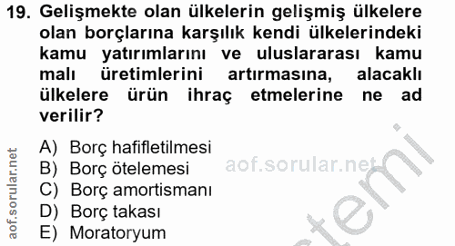 19. soru: Gelişmekte olan ülkelerin gelişmiş ülkelere olan borçlarına karşılık kendi ülkelerindeki kamu yatırımlarını ve ulusla…